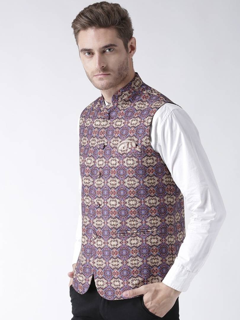 Men's Multicoloured 
Polyester
 Printed Nehru Jackets